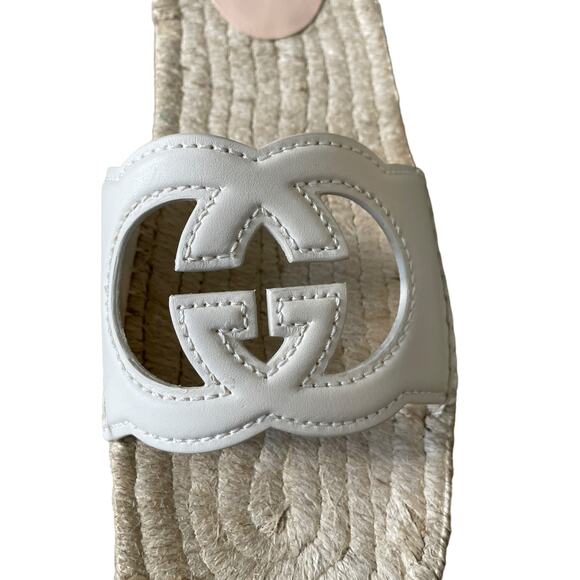 GUCCI Interlocking G Leather Cut Out Espadrille Sandals White Size 39.5 NEW - Picture 5 of 15